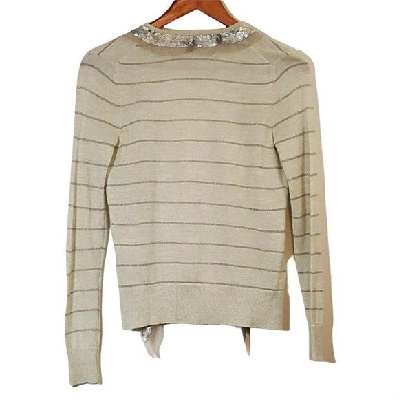 Loft Ann Taylor Open Cardigan Sweater Sz XS Lightwt Gray Silver Stripe Sequins - Picture 2 of 4
